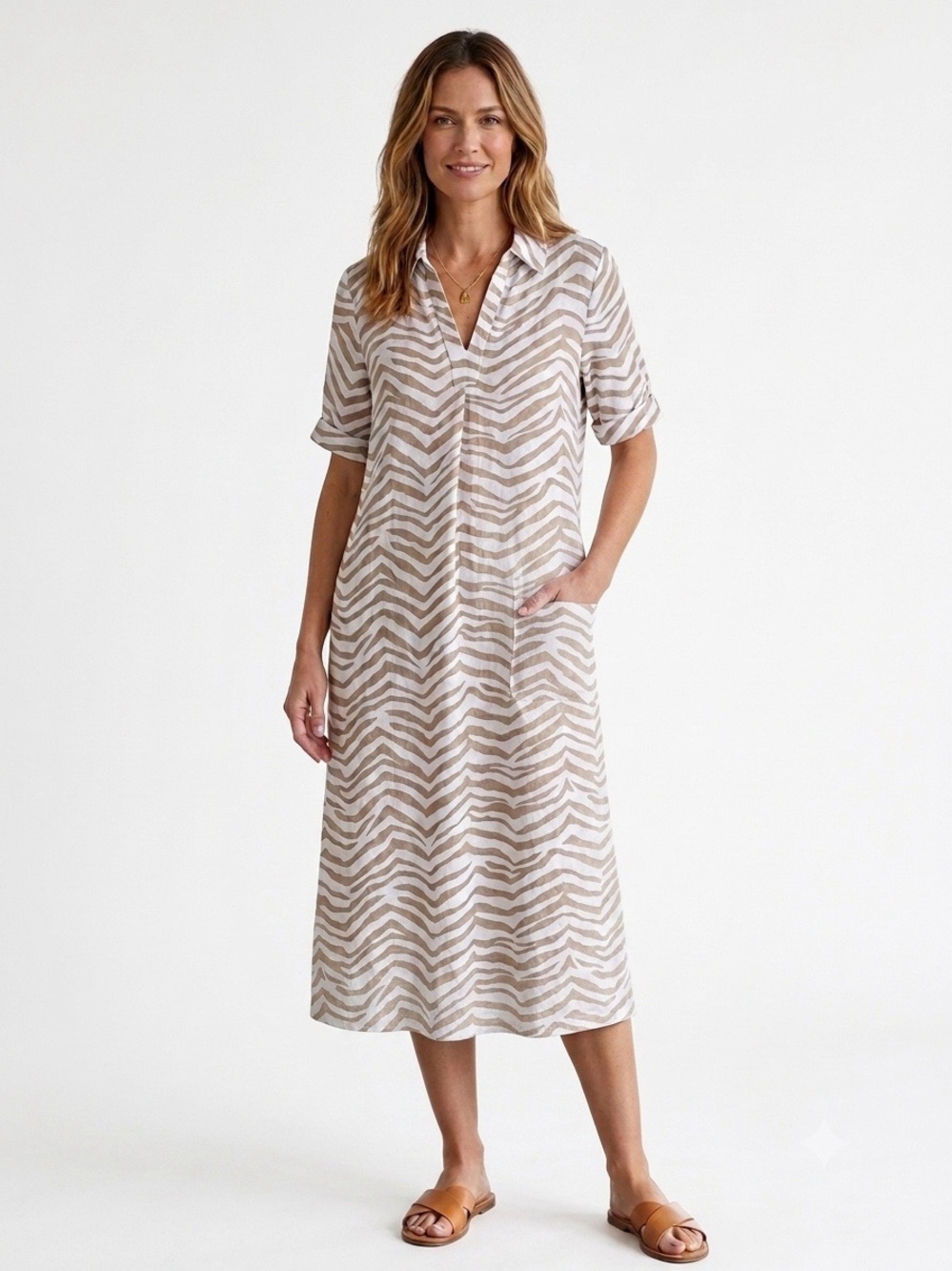 Alfani Linen Blend Zebra-Stripe V-Neck Short Sleeve Dress Size XL